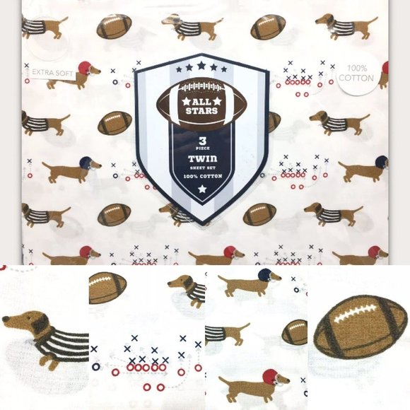 3pc Dachshund Dog Football TWIN Sheet Set Red Blue Uniform All Stars Kids Cotton - Picture 1 of 7